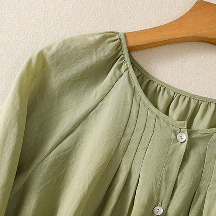 Koszula damska z bawełny Buddha Stones, prosta, zapinana na guziki, z okrągłym dekoltem i rękawami trzy czwarte - image 6