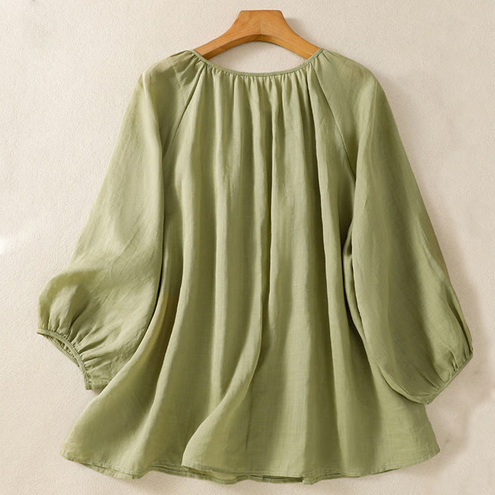 Koszula damska z bawełny Buddha Stones, prosta, zapinana na guziki, z okrągłym dekoltem i rękawami trzy czwarte - image 3