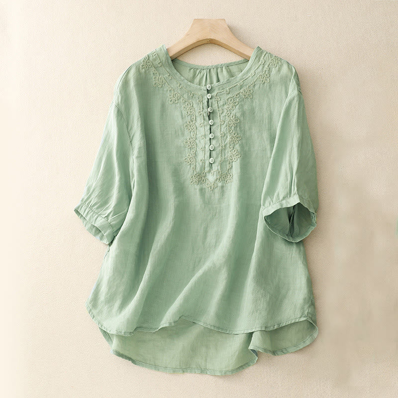 Koszula damska bawełniana z haftem "Buddha Stones Line" z okrągłym dekoltem i krótkim rękawem - Jasnoniebieski - US14, UK/AU18, EU46 (2XL) - image 0