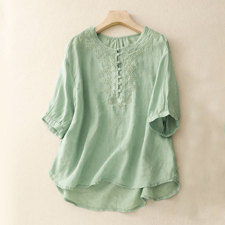 Koszula damska bawełniana z haftem "Buddha Stones Line" z okrągłym dekoltem i krótkim rękawem - Jasnoniebieski - US14, UK/AU18, EU46 (2XL) - image 0