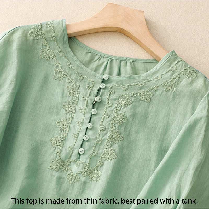 Koszula damska bawełniana z haftem "Buddha Stones Line" z okrągłym dekoltem i krótkim rękawem - image 1