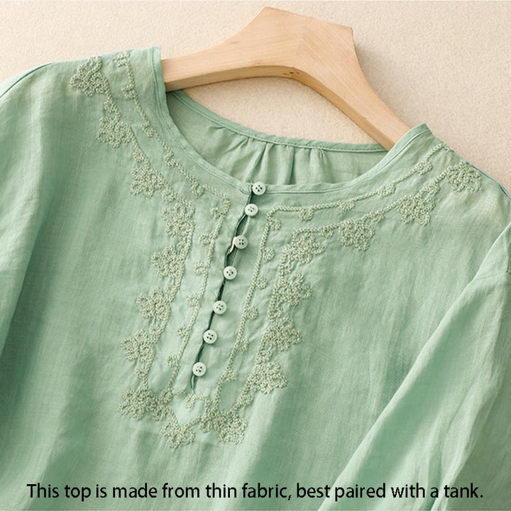 Koszula damska bawełniana z haftem "Buddha Stones Line" z okrągłym dekoltem i krótkim rękawem - image 1