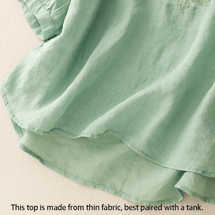 Koszula damska bawełniana z haftem "Buddha Stones Line" z okrągłym dekoltem i krótkim rękawem - image 2