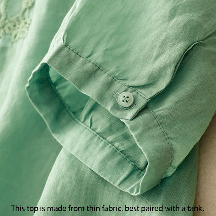 Koszula damska bawełniana z haftem "Buddha Stones Line" z okrągłym dekoltem i krótkim rękawem - image 3