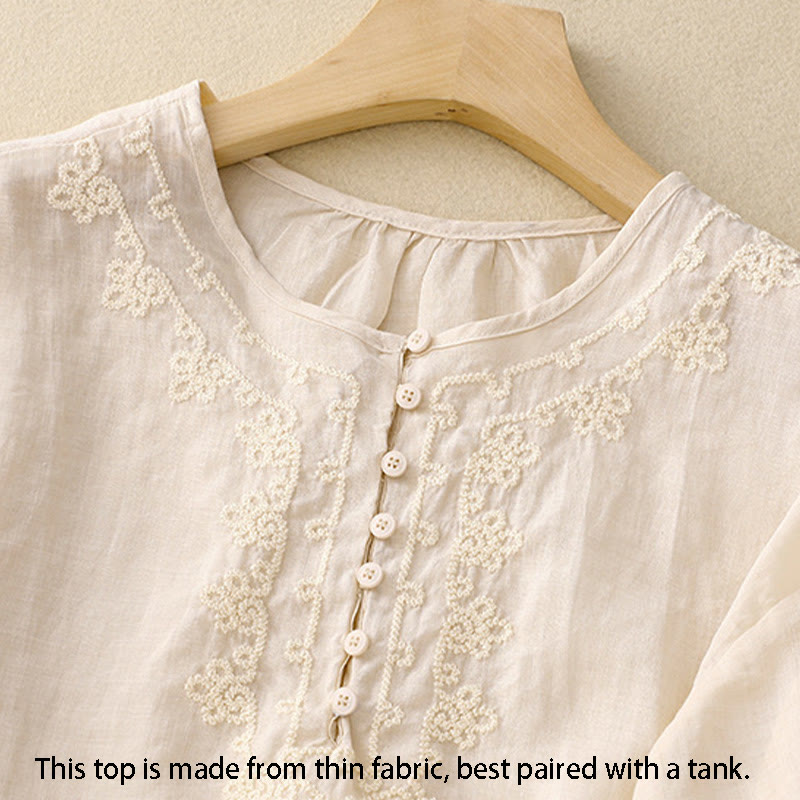 Koszula damska bawełniana z haftem "Buddha Stones Line" z okrągłym dekoltem i krótkim rękawem - image 6