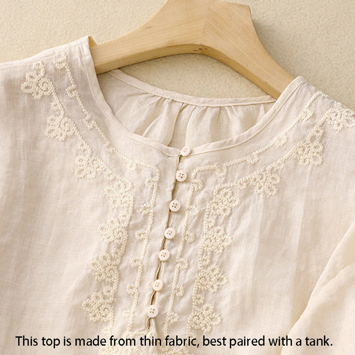 Koszula damska bawełniana z haftem "Buddha Stones Line" z okrągłym dekoltem i krótkim rękawem - image 6