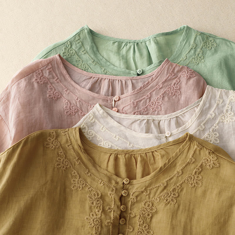 Koszula damska bawełniana z haftem "Buddha Stones Line" z okrągłym dekoltem i krótkim rękawem - image 19