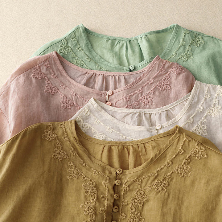 Koszula damska bawełniana z haftem "Buddha Stones Line" z okrągłym dekoltem i krótkim rękawem - image 19