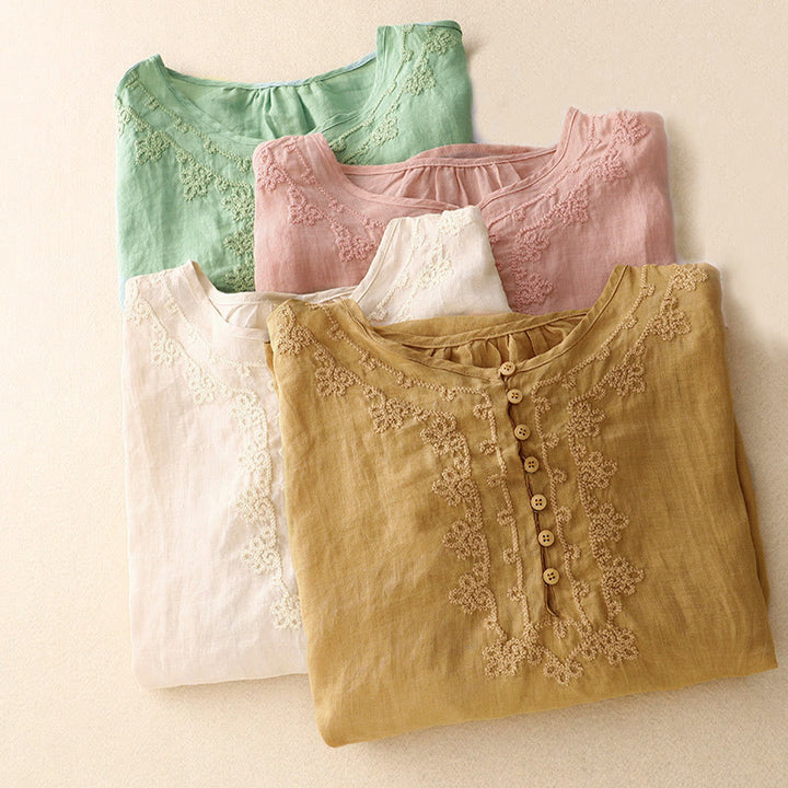 Koszula damska bawełniana z haftem "Buddha Stones Line" z okrągłym dekoltem i krótkim rękawem - image 18