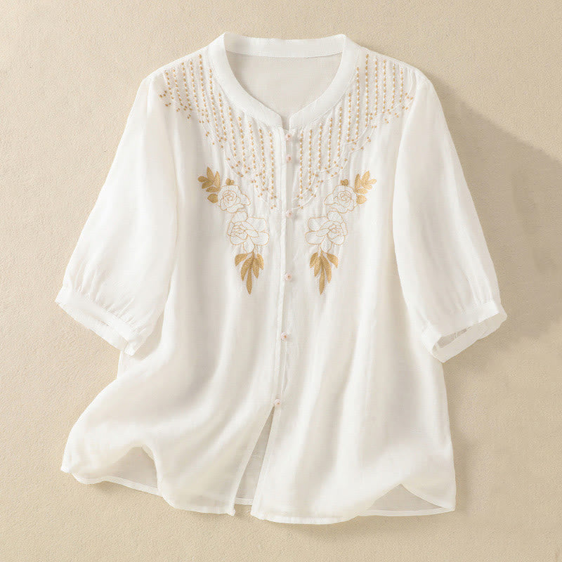 Koszula damska bawełniana z krótkim rękawem i haftem kwiatowym "Buddha Stones Rose" - Biały - US14, UK/AU18, EU46 (2XL) - image 33