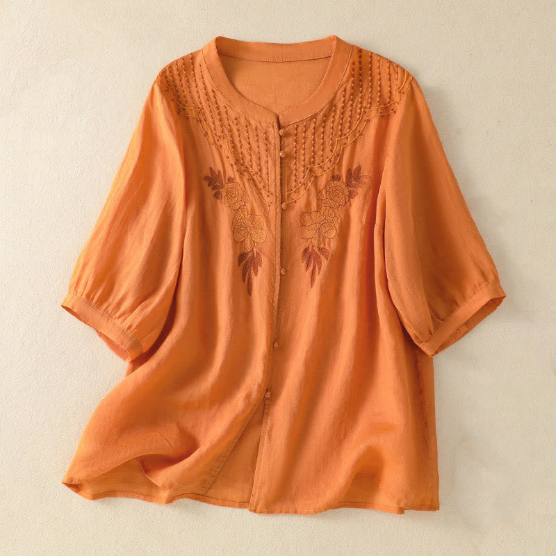 Koszula damska bawełniana z krótkim rękawem i haftem kwiatowym "Buddha Stones Rose" - Pomarańczowy - US14, UK/AU18, EU46 (2XL) - image 23