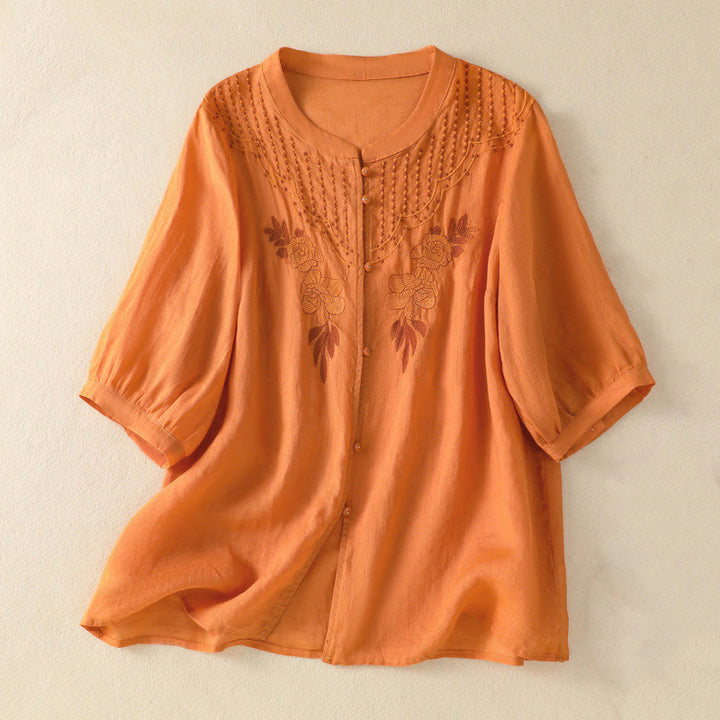 Koszula damska bawełniana z krótkim rękawem i haftem kwiatowym "Buddha Stones Rose" - Pomarańczowy - US14, UK/AU18, EU46 (2XL) - image 23