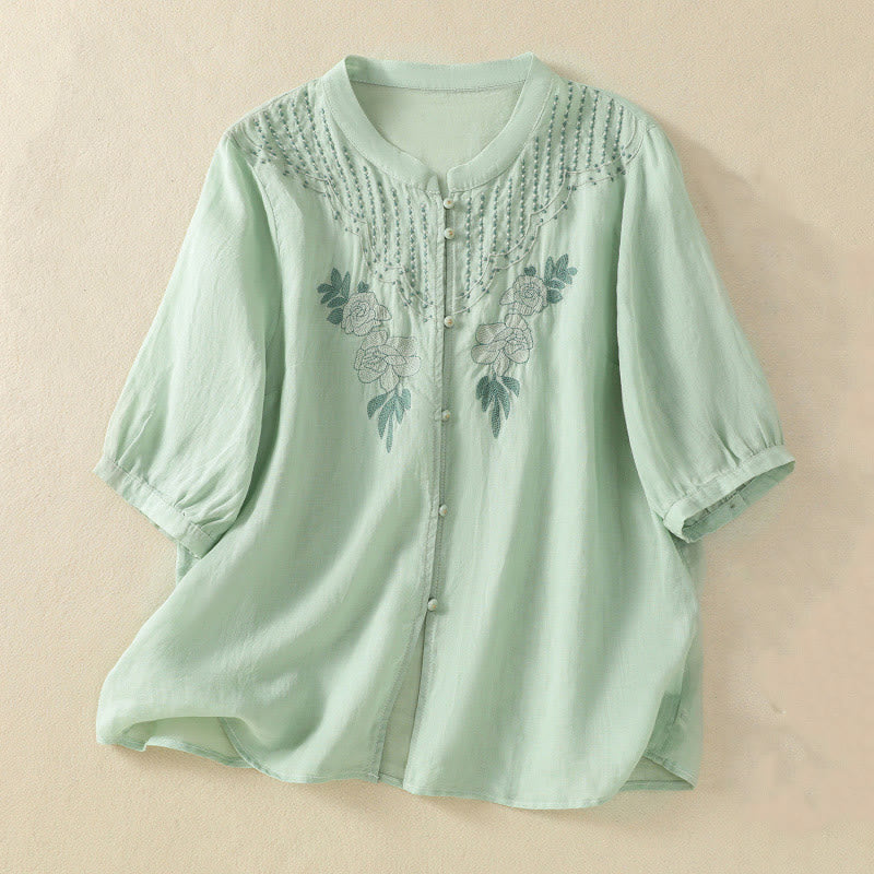 Koszula damska bawełniana z krótkim rękawem i haftem kwiatowym "Buddha Stones Rose" - Miodowa spadź - US14, UK/AU18, EU46 (2XL) - image 0