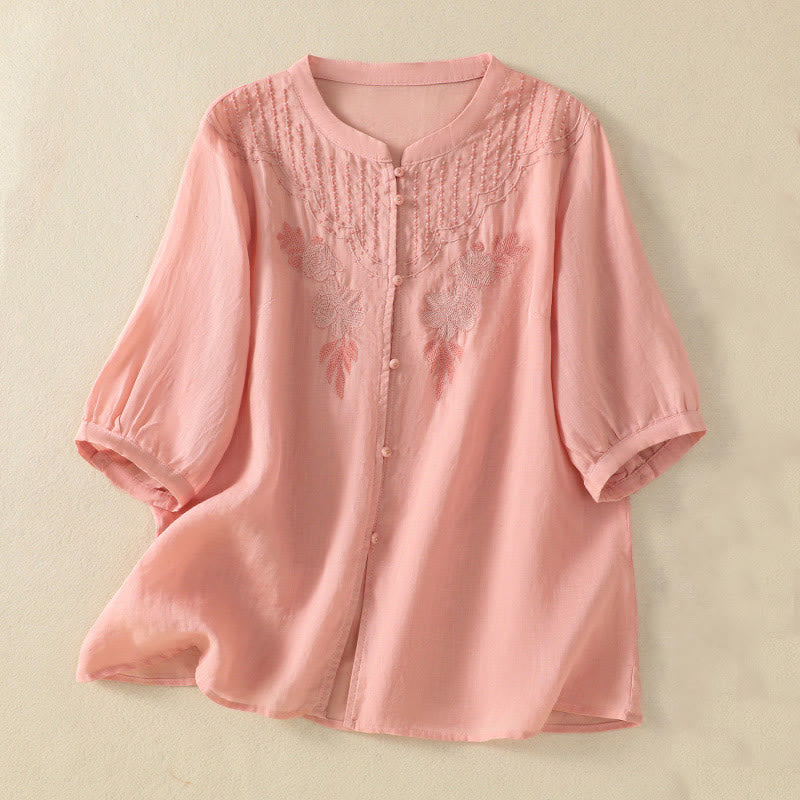 Koszula damska bawełniana z krótkim rękawem i haftem kwiatowym "Buddha Stones Rose" - Jasnoróżowy - US14, UK/AU18, EU46 (2XL) - image 11