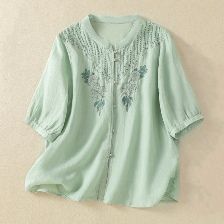 Koszula damska bawełniana z krótkim rękawem i haftem kwiatowym "Buddha Stones Rose" - Miodowa spadź - US14, UK/AU18, EU46 (2XL) - image 0