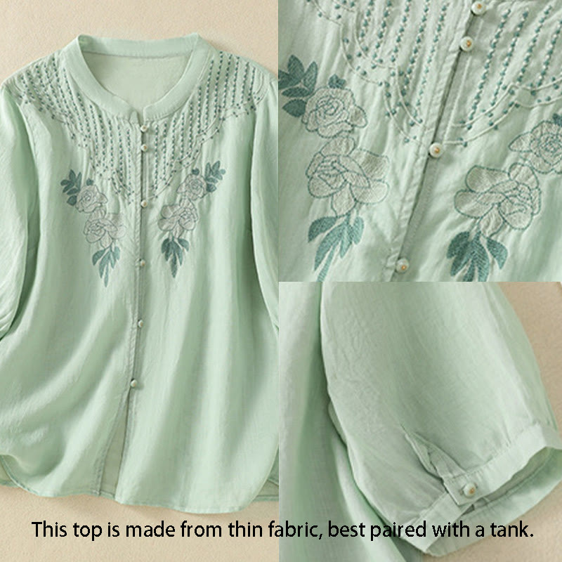 Koszula damska bawełniana z krótkim rękawem i haftem kwiatowym "Buddha Stones Rose" - image 3