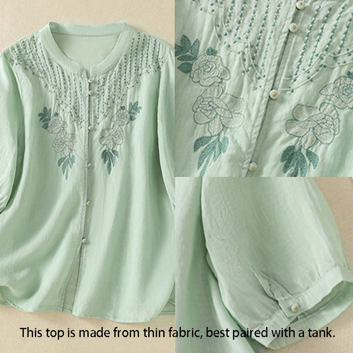 Koszula damska bawełniana z krótkim rękawem i haftem kwiatowym "Buddha Stones Rose" - image 3