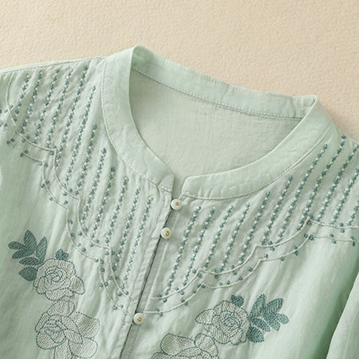 Koszula damska bawełniana z krótkim rękawem i haftem kwiatowym "Buddha Stones Rose" - image 6