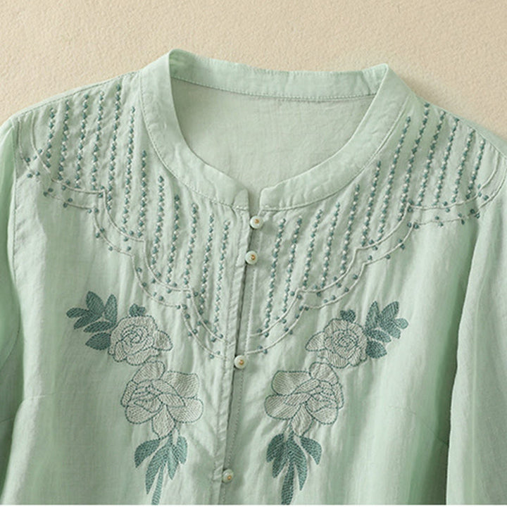 Koszula damska bawełniana z krótkim rękawem i haftem kwiatowym "Buddha Stones Rose" - image 4