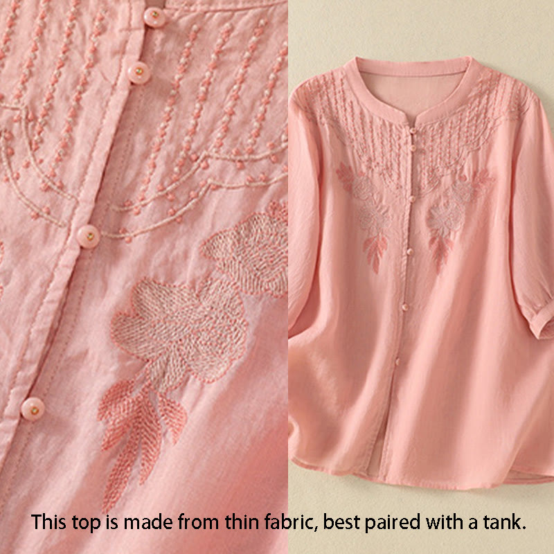 Koszula damska bawełniana z krótkim rękawem i haftem kwiatowym "Buddha Stones Rose" - image 13