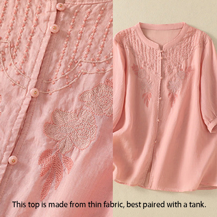 Koszula damska bawełniana z krótkim rękawem i haftem kwiatowym "Buddha Stones Rose" - image 13