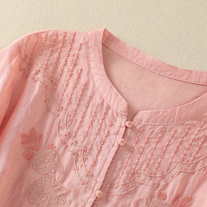 Koszula damska bawełniana z krótkim rękawem i haftem kwiatowym "Buddha Stones Rose" - image 16