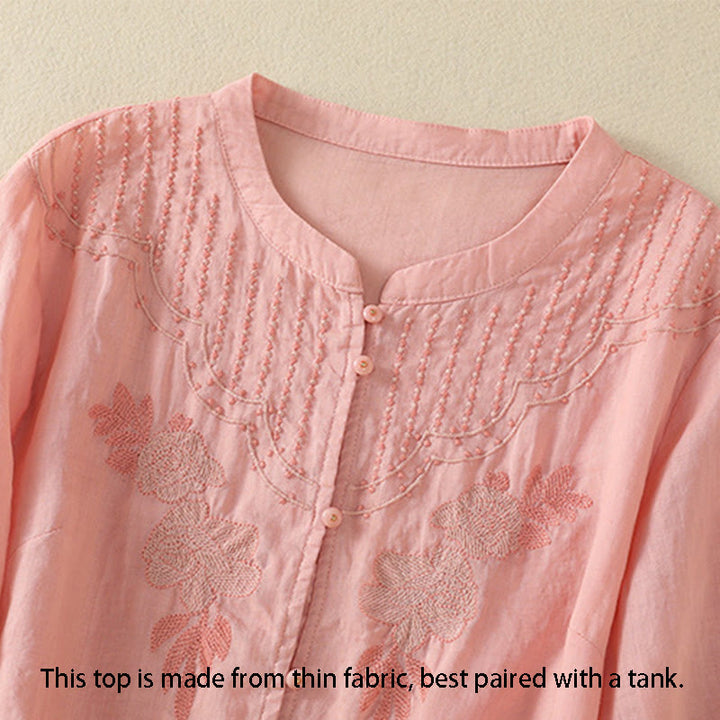 Koszula damska bawełniana z krótkim rękawem i haftem kwiatowym "Buddha Stones Rose" - image 14