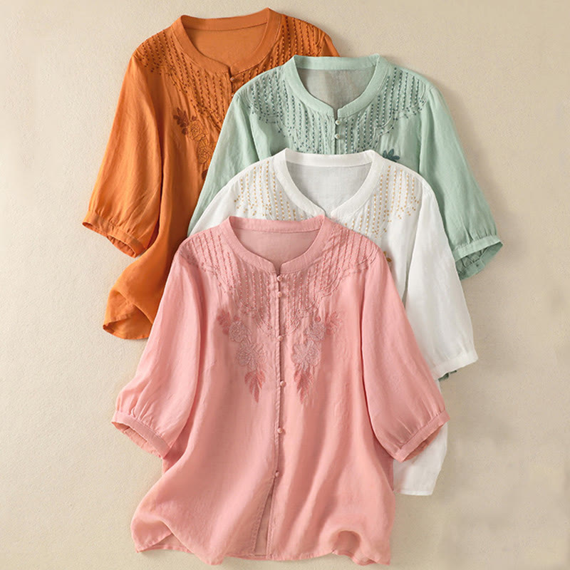 Koszula damska bawełniana z krótkim rękawem i haftem kwiatowym "Buddha Stones Rose" - image 1