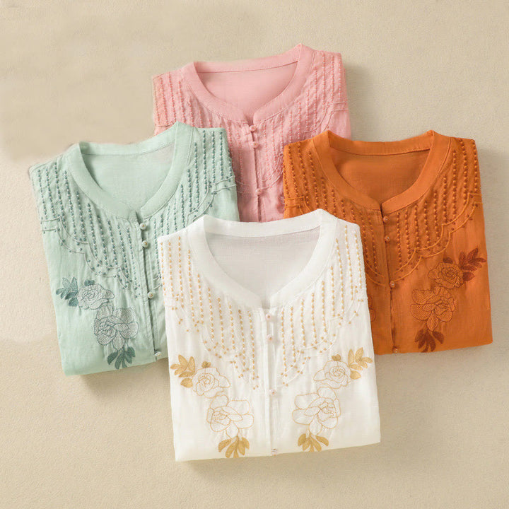 Koszula damska bawełniana z krótkim rękawem i haftem kwiatowym "Buddha Stones Rose" - image 41