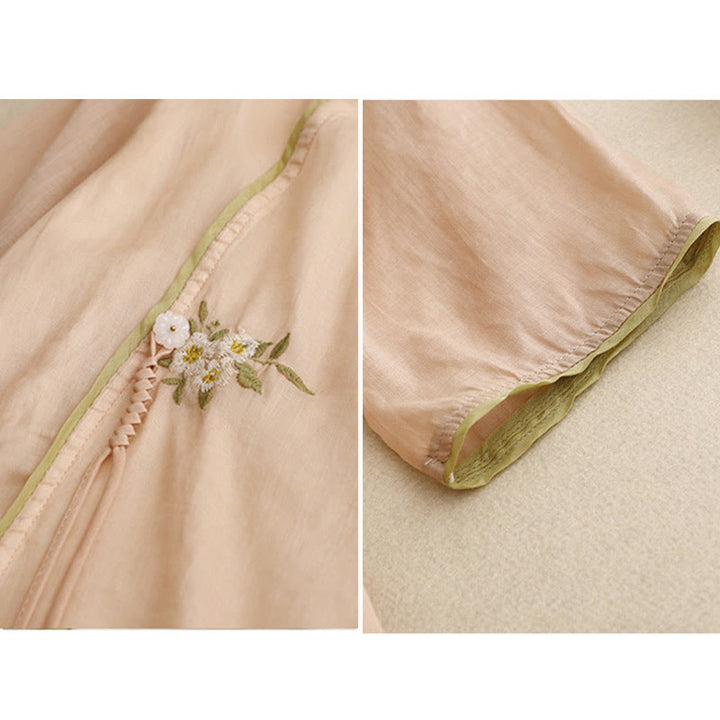 Koszula damska bawełniana z okrągłym dekoltem i rękawami 3/4, z haftowanymi zielonymi liśćmi i motywem kwiatów Buddha Stones w kolorze beżowym - image 18