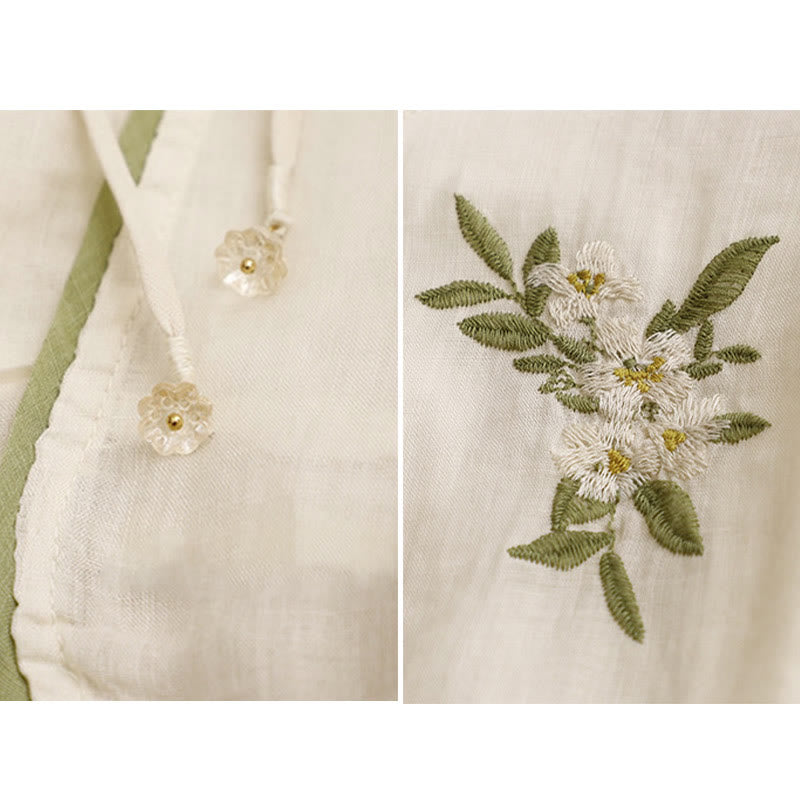 Koszula damska bawełniana z okrągłym dekoltem i rękawami 3/4, z haftowanymi zielonymi liśćmi i motywem kwiatów Buddha Stones w kolorze beżowym - image 11