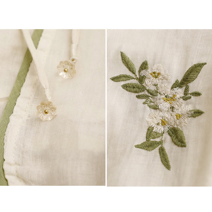 Koszula damska bawełniana z okrągłym dekoltem i rękawami 3/4, z haftowanymi zielonymi liśćmi i motywem kwiatów Buddha Stones w kolorze beżowym - image 11