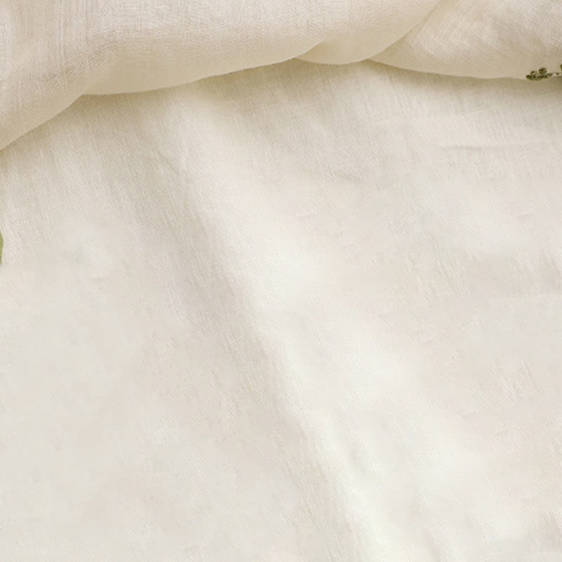 Koszula damska bawełniana z okrągłym dekoltem i rękawami 3/4, z haftowanymi zielonymi liśćmi i motywem kwiatów Buddha Stones w kolorze beżowym - image 6