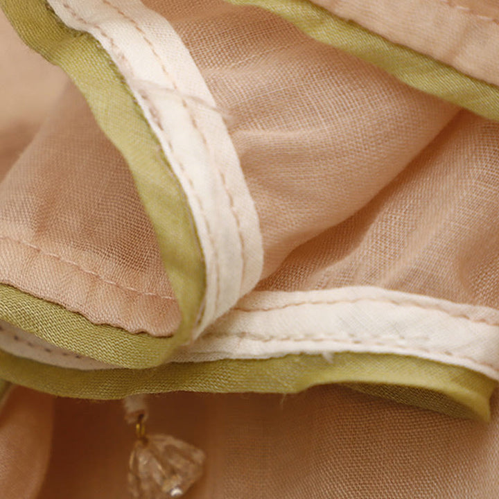 Koszula damska bawełniana z okrągłym dekoltem i rękawami 3/4, z haftowanymi zielonymi liśćmi i motywem kwiatów Buddha Stones w kolorze beżowym - image 17