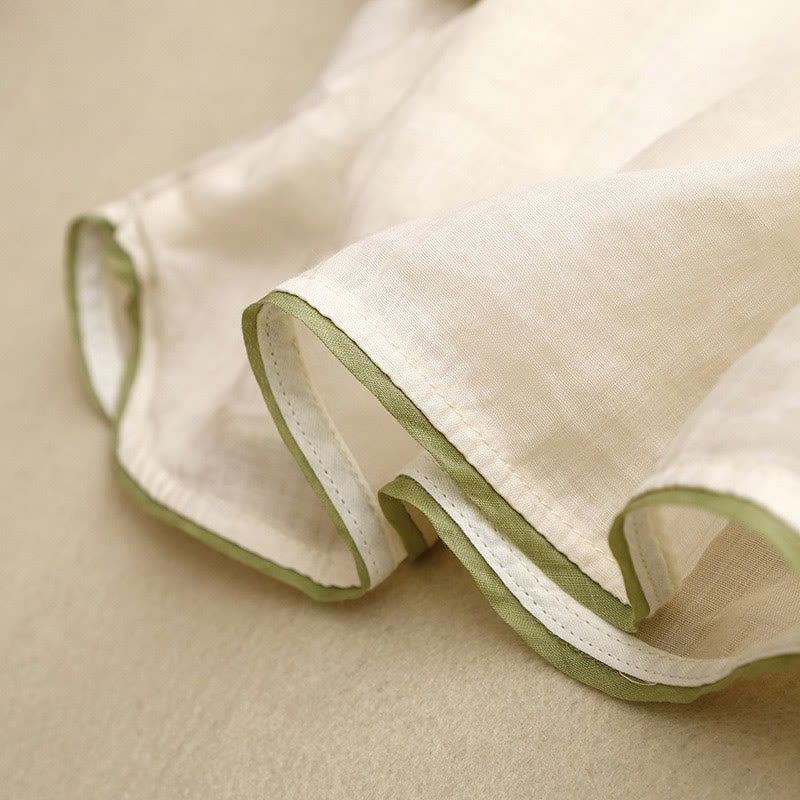 Koszula damska bawełniana z okrągłym dekoltem i rękawami 3/4, z haftowanymi zielonymi liśćmi i motywem kwiatów Buddha Stones w kolorze beżowym - image 8