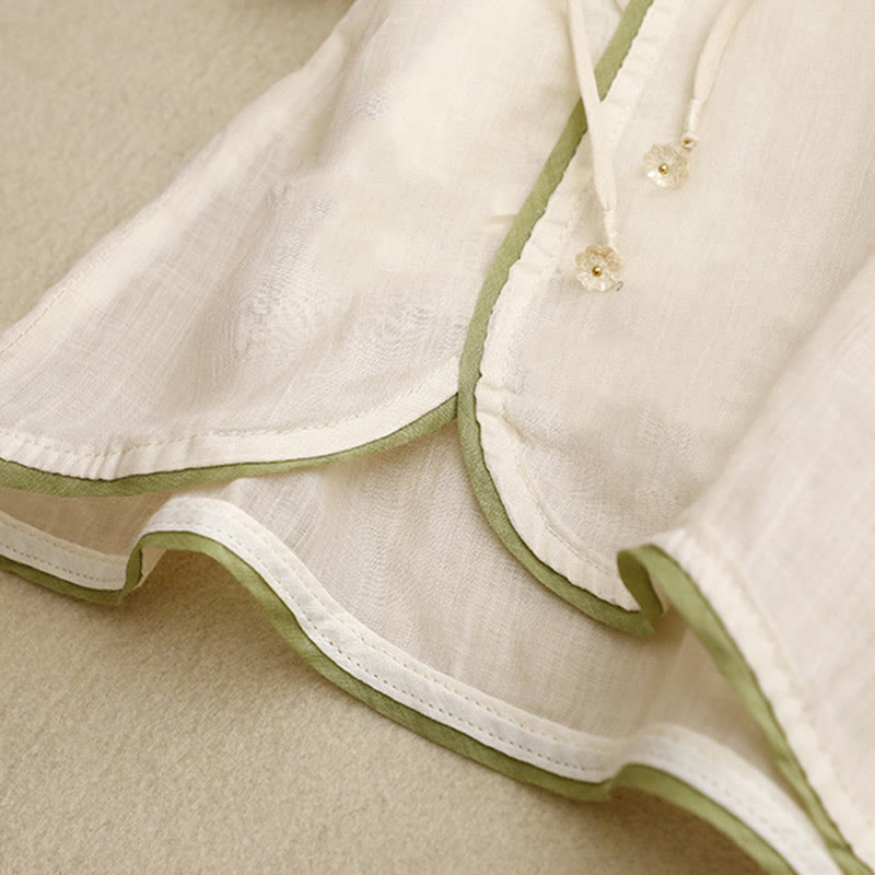 Koszula damska bawełniana z okrągłym dekoltem i rękawami 3/4, z haftowanymi zielonymi liśćmi i motywem kwiatów Buddha Stones w kolorze beżowym - image 10