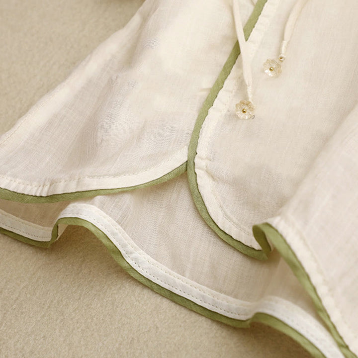 Koszula damska bawełniana z okrągłym dekoltem i rękawami 3/4, z haftowanymi zielonymi liśćmi i motywem kwiatów Buddha Stones w kolorze beżowym - image 9