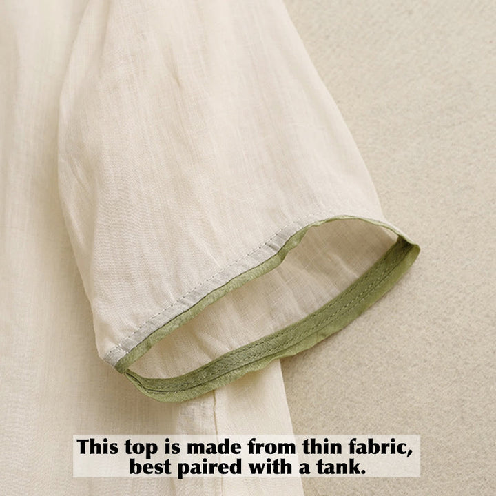 Koszula damska bawełniana z okrągłym dekoltem i rękawami 3/4, z haftowanymi zielonymi liśćmi i motywem kwiatów Buddha Stones w kolorze beżowym - image 4