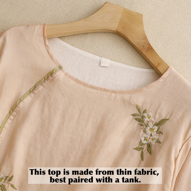 Koszula damska bawełniana z okrągłym dekoltem i rękawami 3/4, z haftowanymi zielonymi liśćmi i motywem kwiatów Buddha Stones w kolorze beżowym - image 14