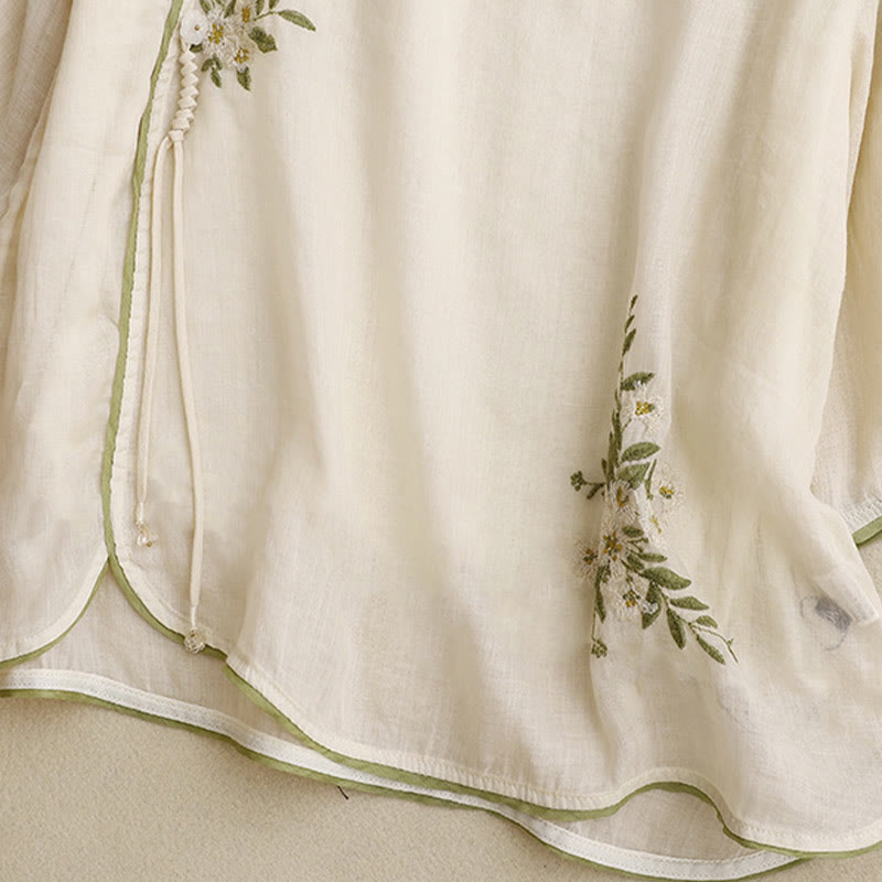 Koszula damska bawełniana z okrągłym dekoltem i rękawami 3/4, z haftowanymi zielonymi liśćmi i motywem kwiatów Buddha Stones w kolorze beżowym - image 5