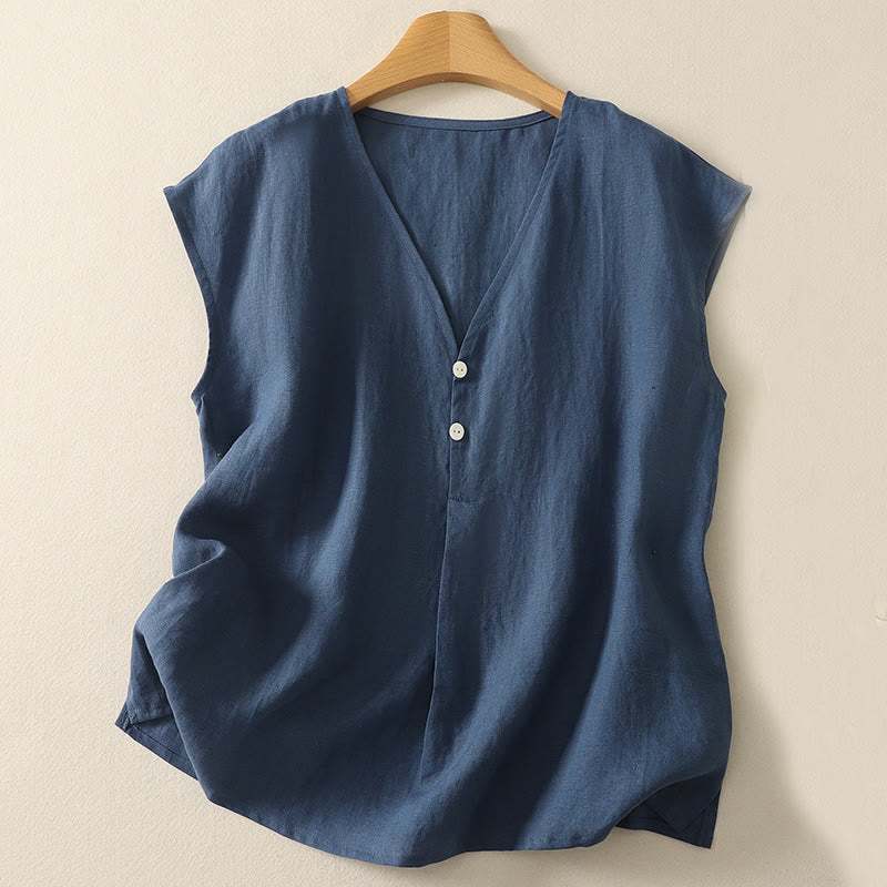 Buddha Stones w stylu retro, damska bawełniana kamizelka bez rękawów z dekoltem w serek i guzikami - Stalowoniebieski - US8-10，UK/AU12-14，EU40-42 (2XL) - image 0