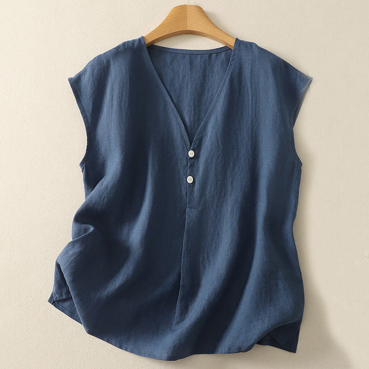 Buddha Stones w stylu retro, damska bawełniana kamizelka bez rękawów z dekoltem w serek i guzikami - Stalowoniebieski - US8-10，UK/AU12-14，EU40-42 (2XL) - image 0