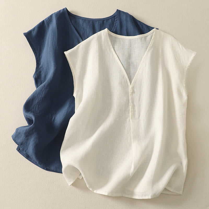 Buddha Stones w stylu retro, damska bawełniana kamizelka bez rękawów z dekoltem w serek i guzikami - image 1