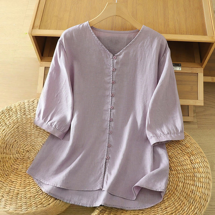 Koszula damska z okrągłym dekoltem w serek i krótkim rękawem "Buddha Stones" z solidnymi guzikami - Oset - US12, UK/AU16, EU44 (2XL) - image 26