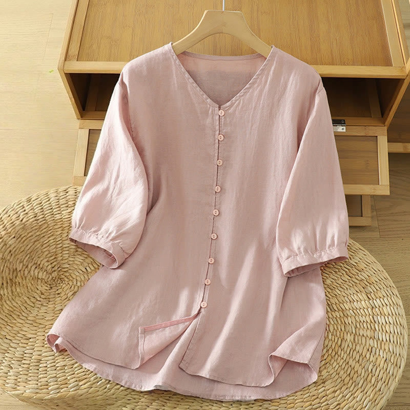 Koszula damska z okrągłym dekoltem w serek i krótkim rękawem "Buddha Stones" z solidnymi guzikami - Jasnoróżowy - US12, UK/AU16, EU44 (2XL) - image 0