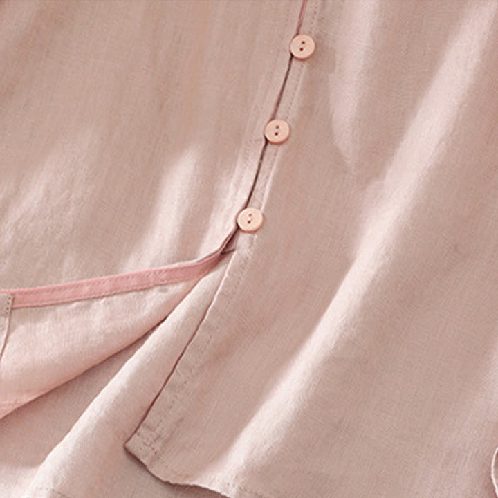 Koszula damska z okrągłym dekoltem w serek i krótkim rękawem "Buddha Stones" z solidnymi guzikami - image 4