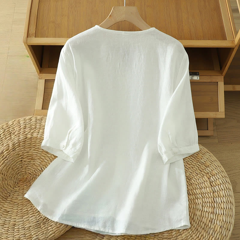 Koszula damska z okrągłym dekoltem w serek i krótkim rękawem "Buddha Stones" z solidnymi guzikami - image 8