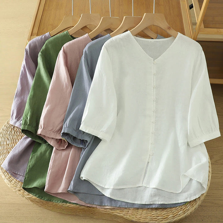 Koszula damska z okrągłym dekoltem w serek i krótkim rękawem "Buddha Stones" z solidnymi guzikami - image 1