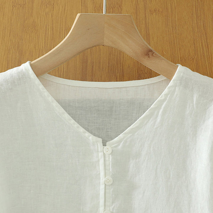 Koszula damska z okrągłym dekoltem w serek i krótkim rękawem "Buddha Stones" z solidnymi guzikami - image 9