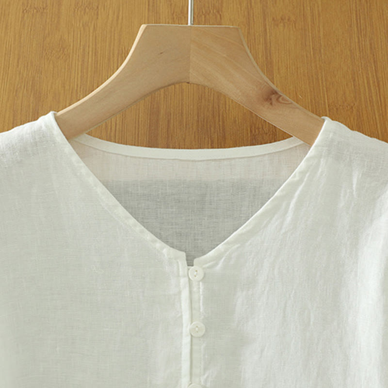 Koszula damska z okrągłym dekoltem w serek i krótkim rękawem "Buddha Stones" z solidnymi guzikami - image 8